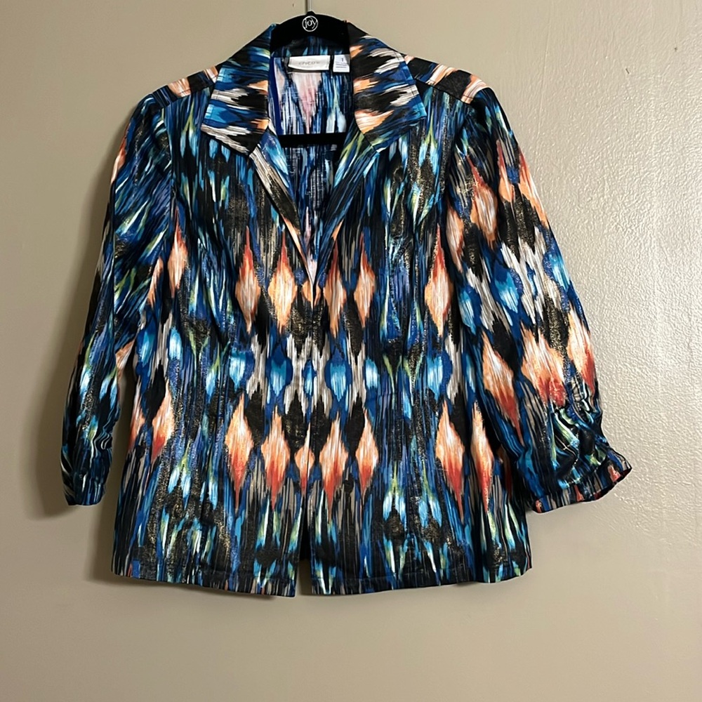 Chico’s Hook&Eye Closure Ruched Cuffs Copper Foil Shimmer Jacket Sz M Chicos 1